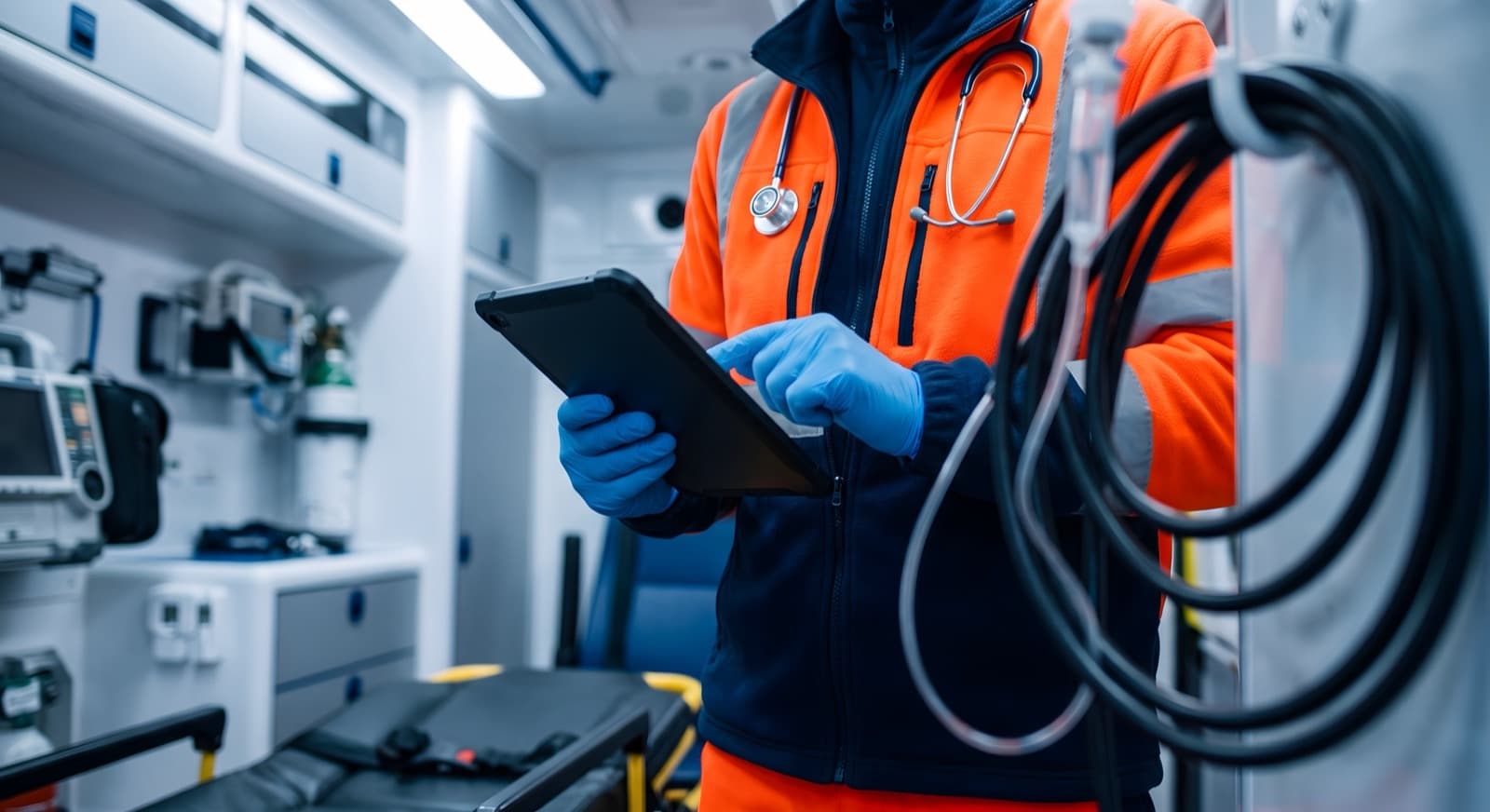 A paramedic entering a patient care report on a tablet inside an ambulance.